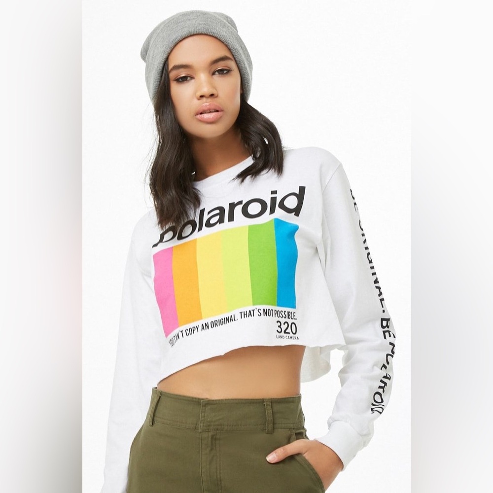 Polaroid Large White Black Logo Rainbow Crop Top Long Sleeve
